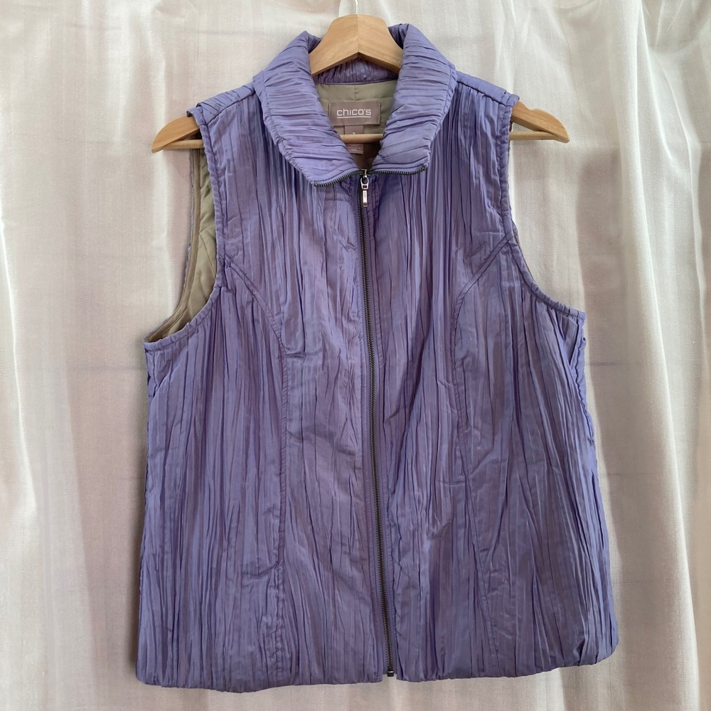 Chico's Women's Purple Crinkle Vest Sleeveless Full Zip Collared Size 1